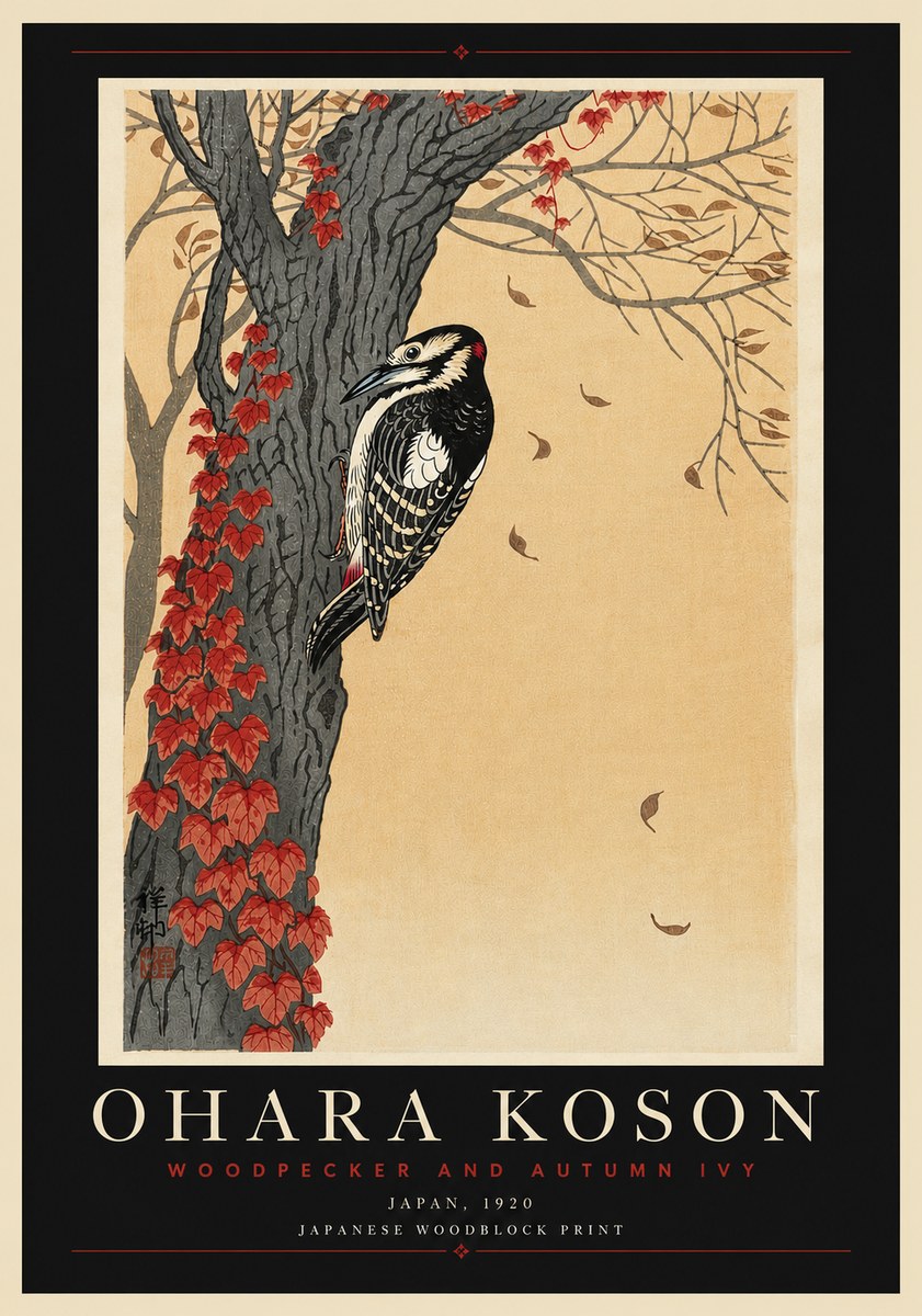Ohara Koson Woodpecker and Autumn Ivy No6 - Poster