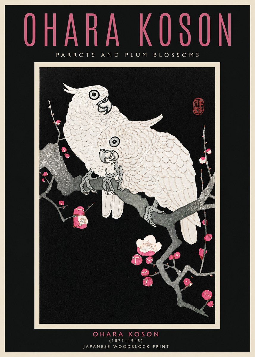 Ohara Koson Parrots and Plum Blossoms No4 - Poster
