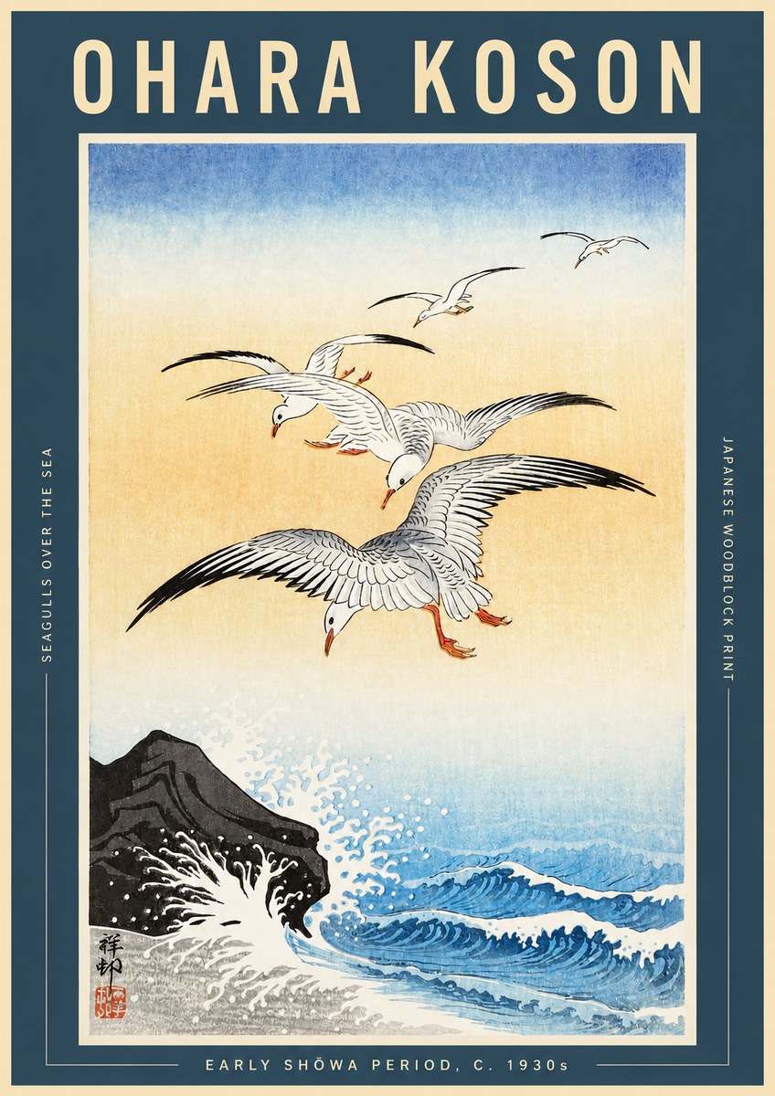 Ohara Koson Seagulls over the Sea No2 - Poster