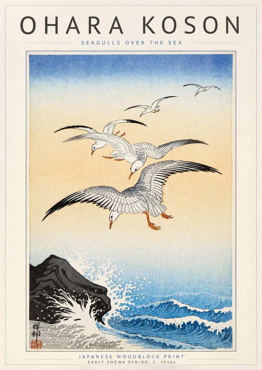 Ohara Koson Seagulls over the Sea No3 - Poster