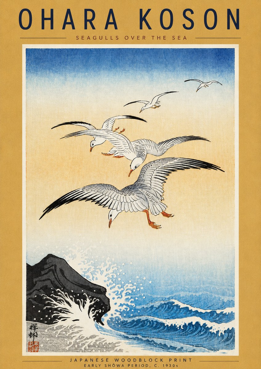 Ohara Koson Seagulls over the Sea No4 - Poster
