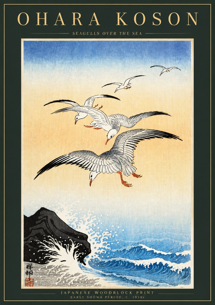 Ohara Koson Seagulls over the Sea No5 - Poster