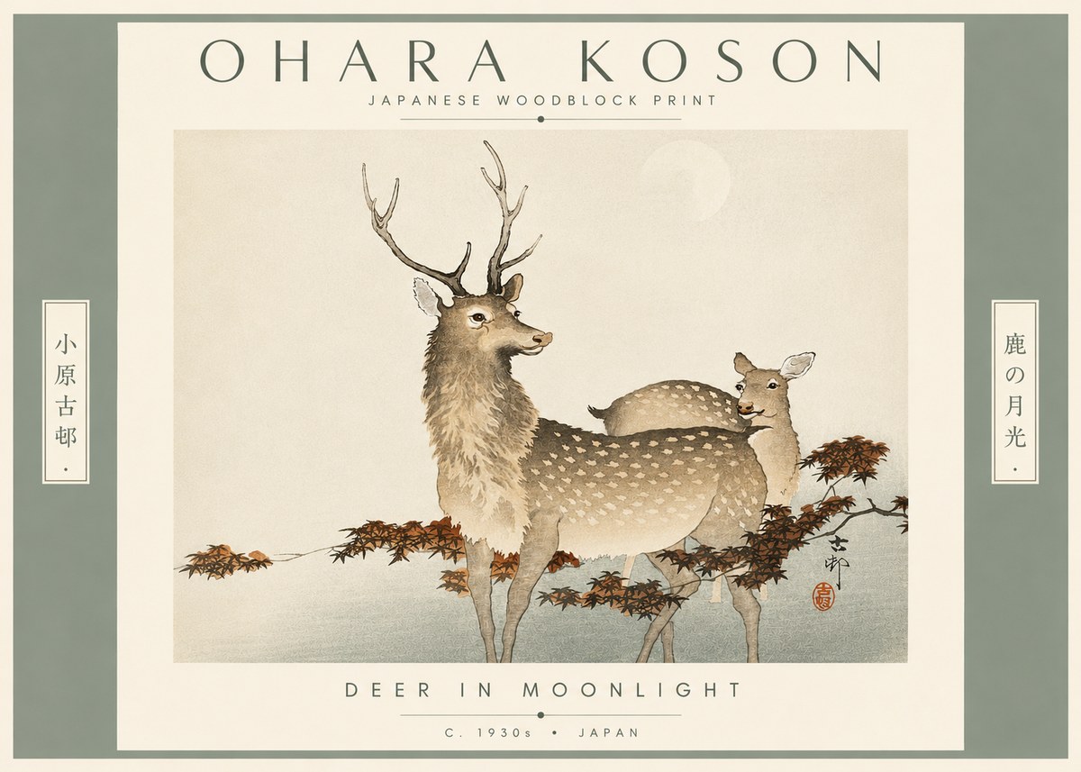 Ohara Koson Deer in Moonlight No4 - Poster