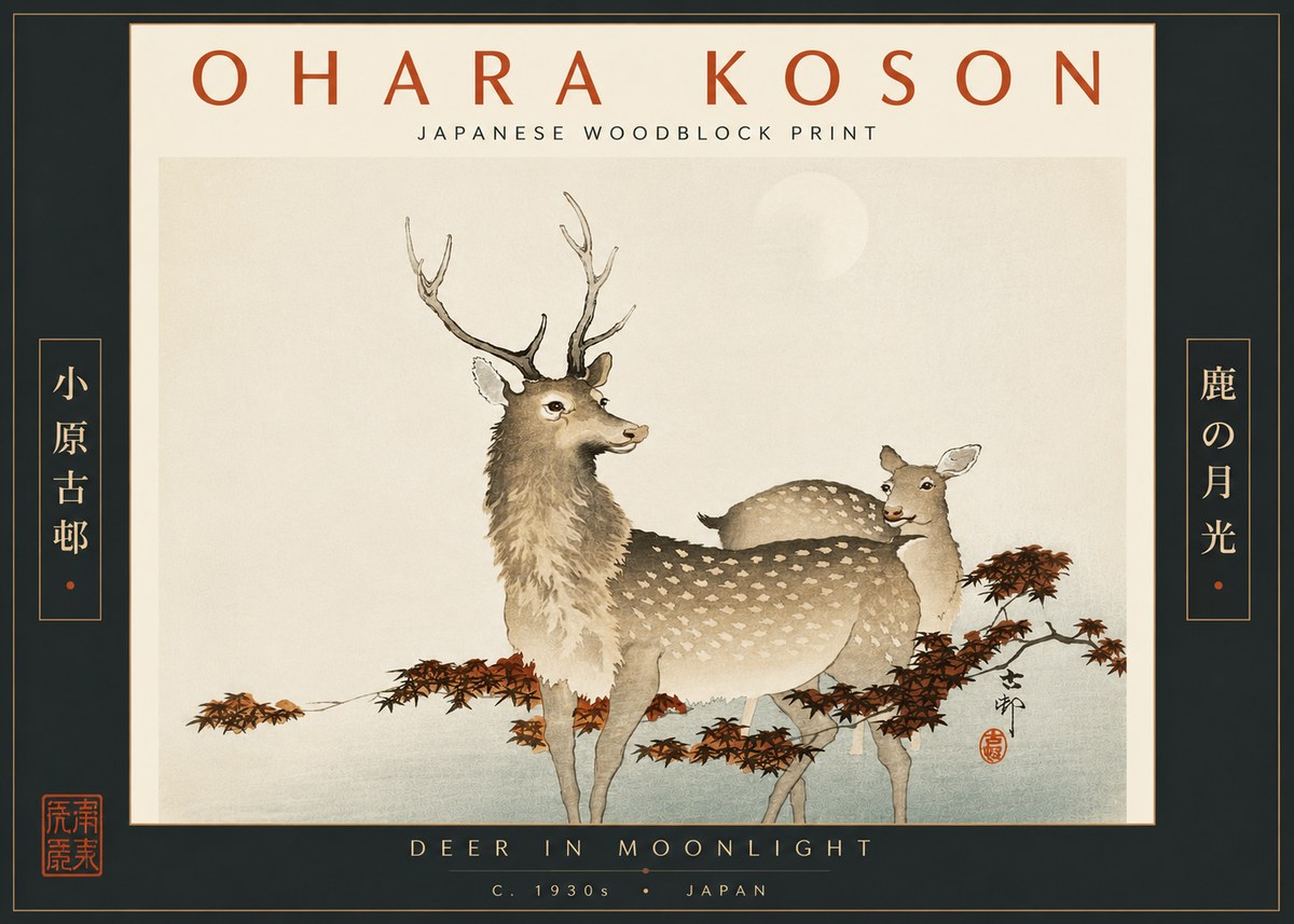 Ohara Koson Deer in Moonlight No6 - Poster