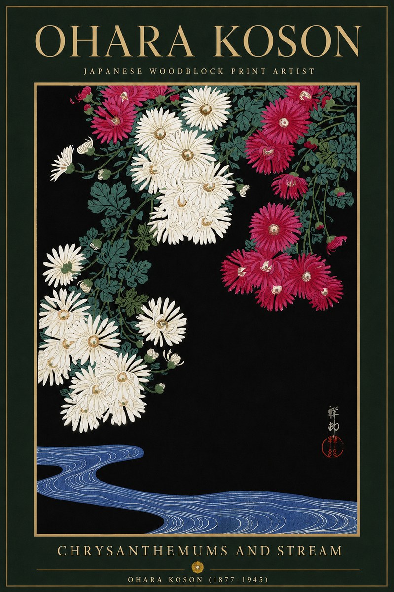 Ohara Koson Chrysanthemums and Stream No6 - Poster