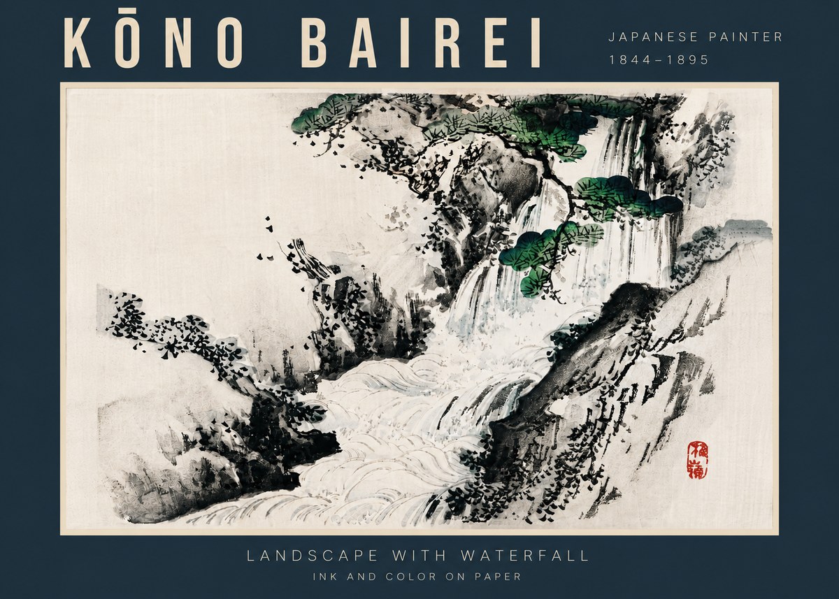 Kōno Bairei Landscape with Waterfall No4 - Poster