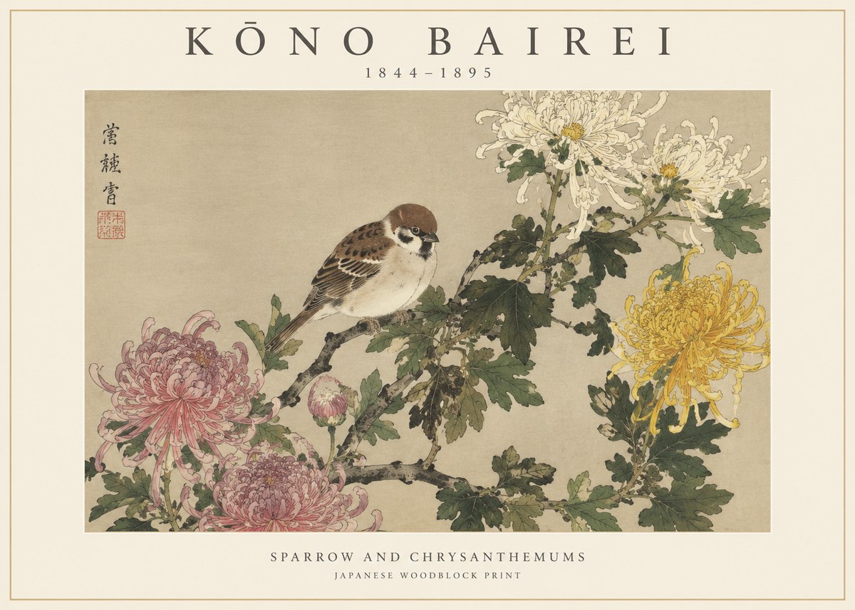 Kōno Bairei Sparrow and Chrysanthemums No1 - Poster
