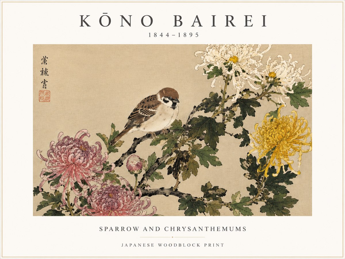 Kōno Bairei Sparrow and Chrysanthemums No3 - Poster