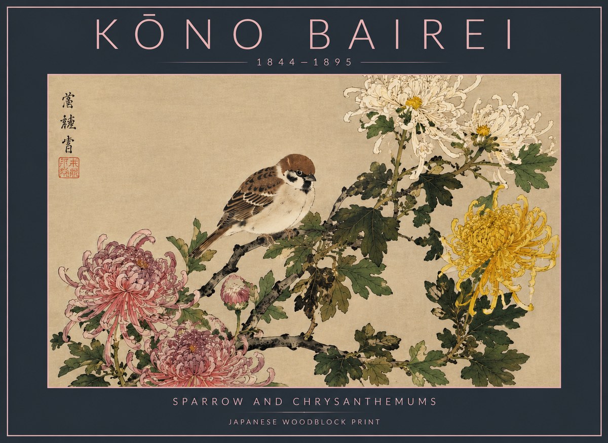 Kōno Bairei Sparrow and Chrysanthemums No4 - Poster