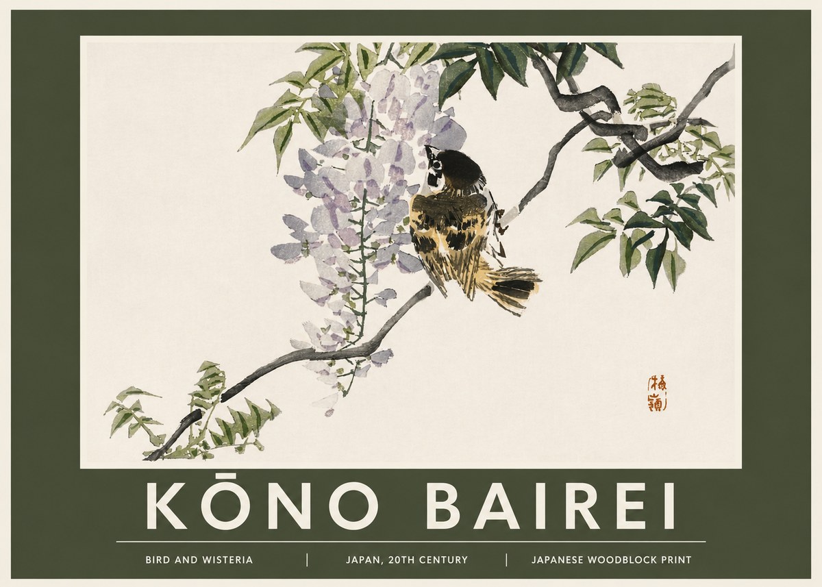 Kōno Bairei Wisteria and Bird No3 - Poster