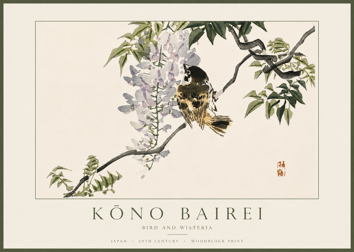 Kōno Bairei Wisteria and Bird No5 - Poster