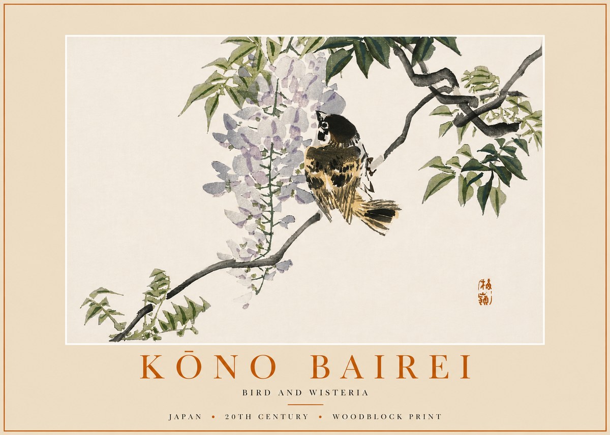 Kōno Bairei Wisteria and Bird No6 - Poster