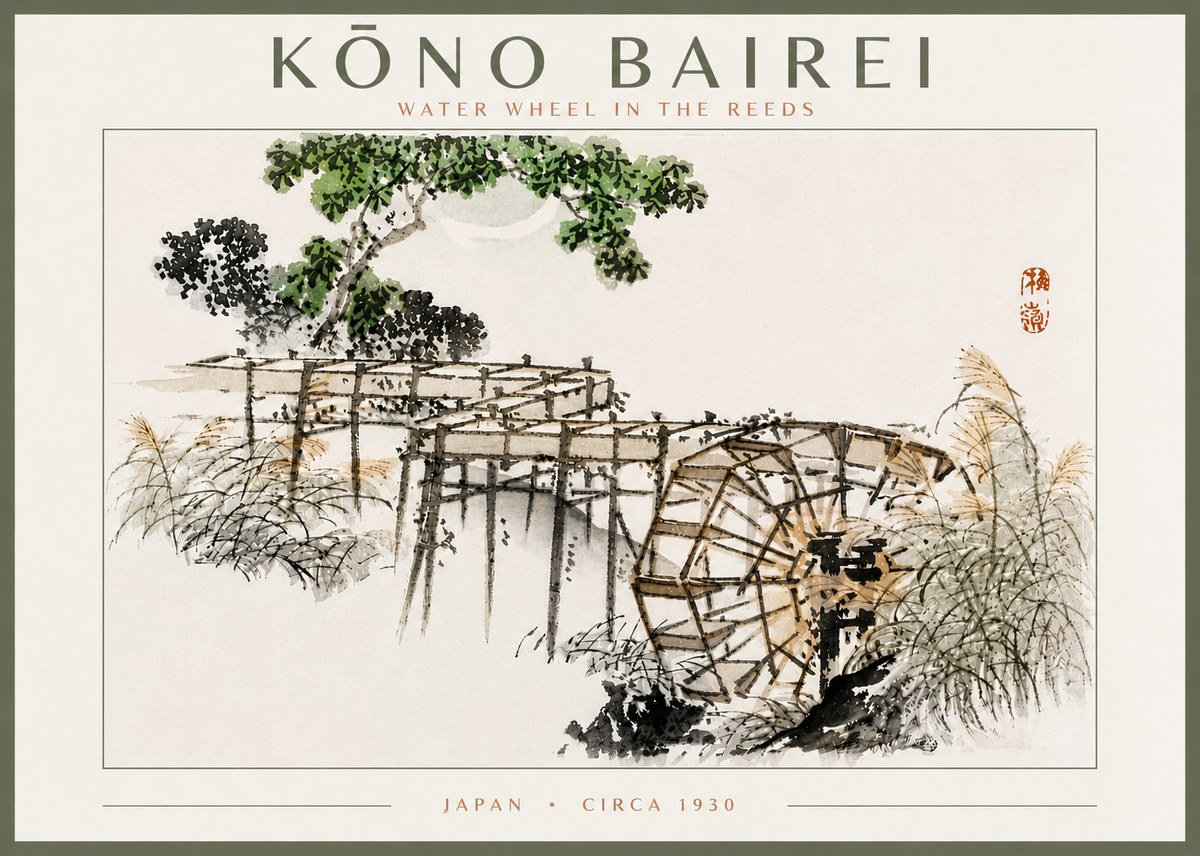 Kōno Bairei Water Wheel in the Reeds No5 - Poster