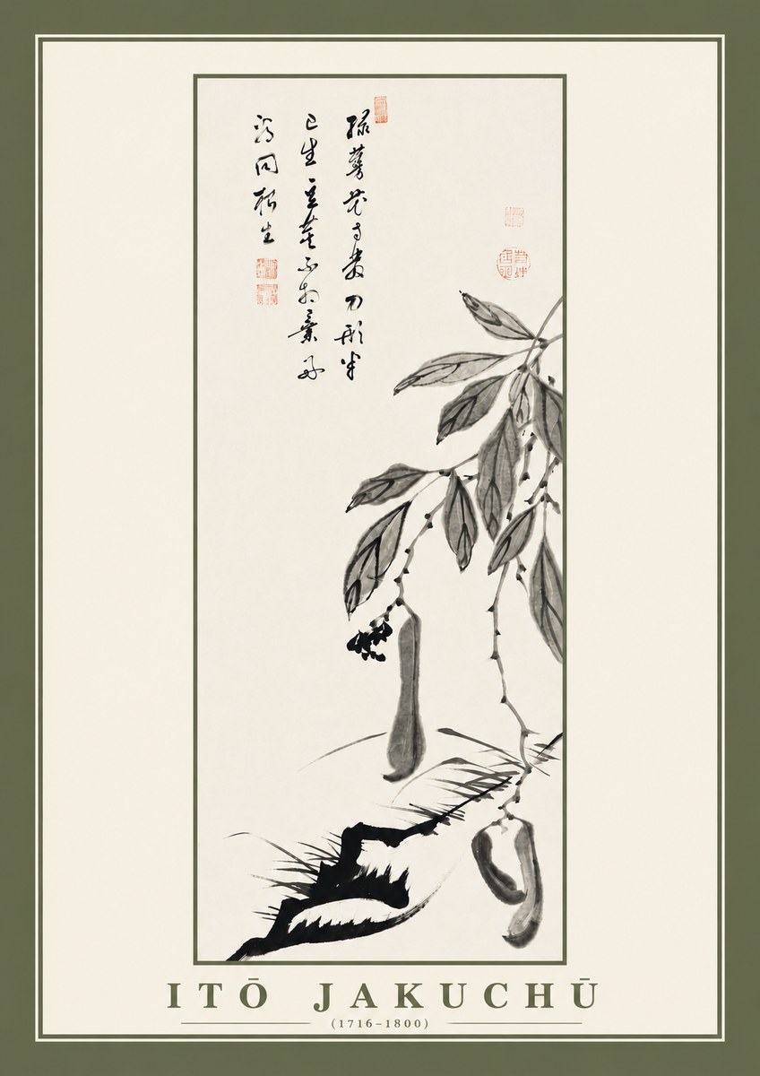 Itō Jakuchū Branch with Pods and Calligraphy No2 - Poster