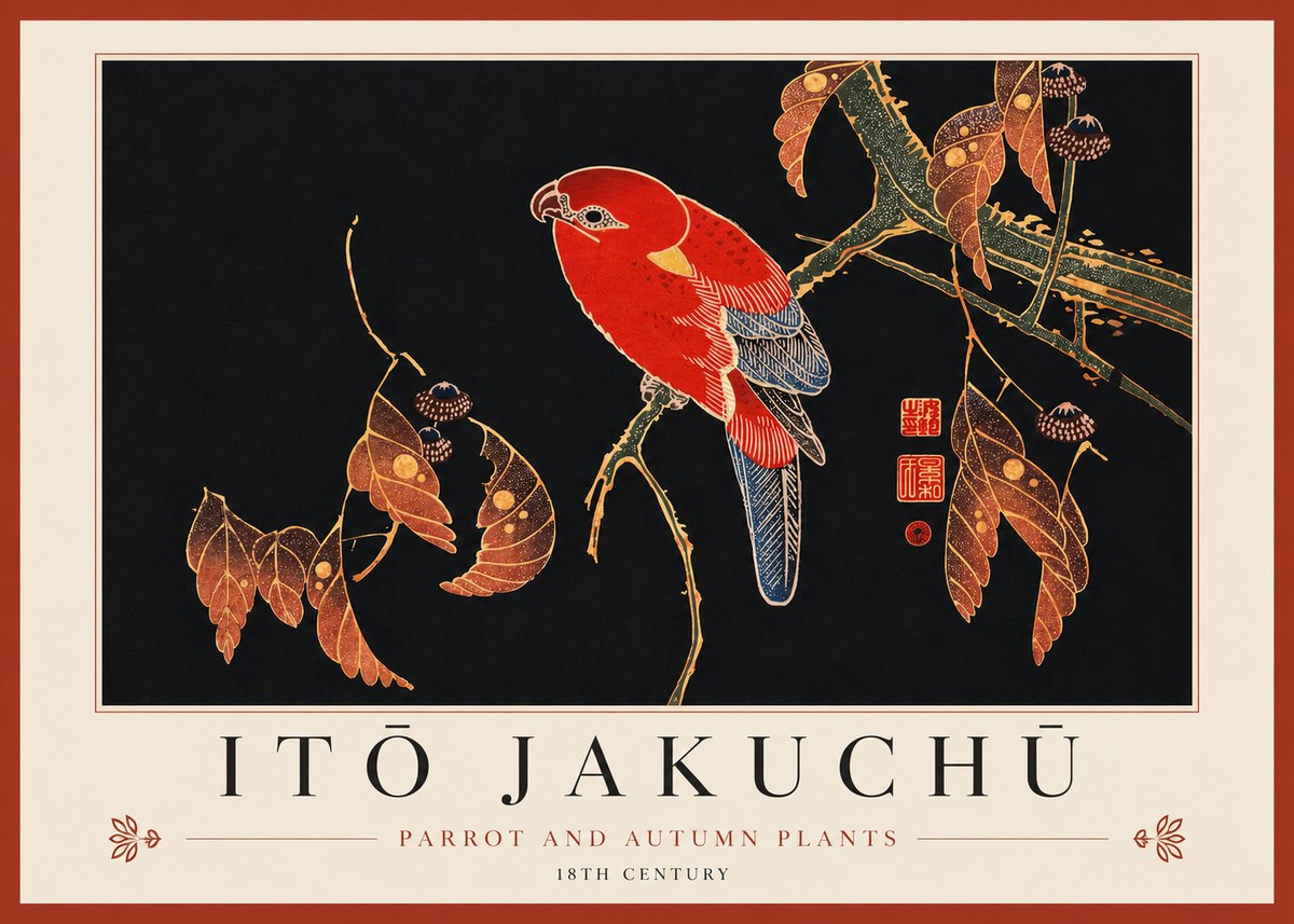 Itō Jakuchū Parrot and Autumn Plants No3 - Poster