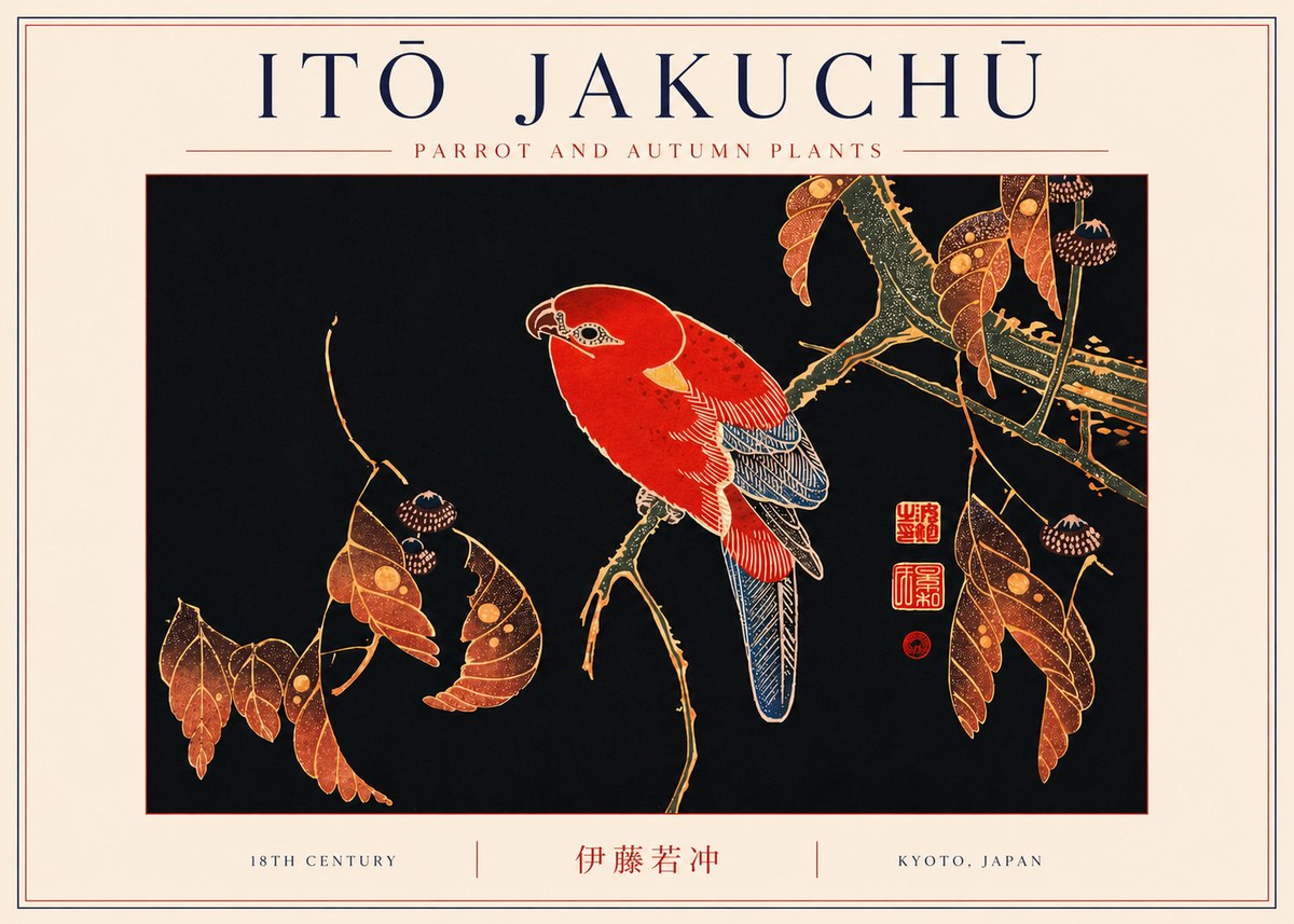 Itō Jakuchū Parrot and Autumn Plants No6 - Poster