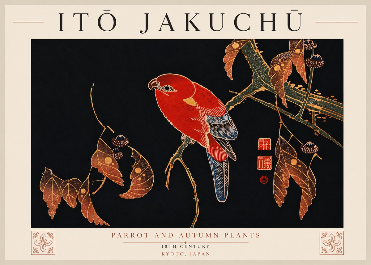 Itō Jakuchū Parrot and Autumn Plants No7 - Poster