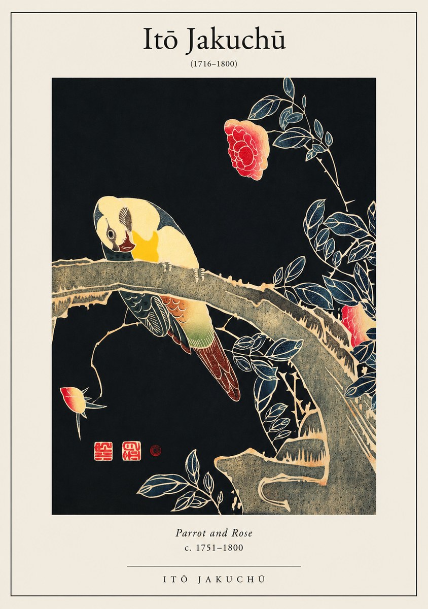 Itō Jakuchū Parrot and Rose No1 - Poster