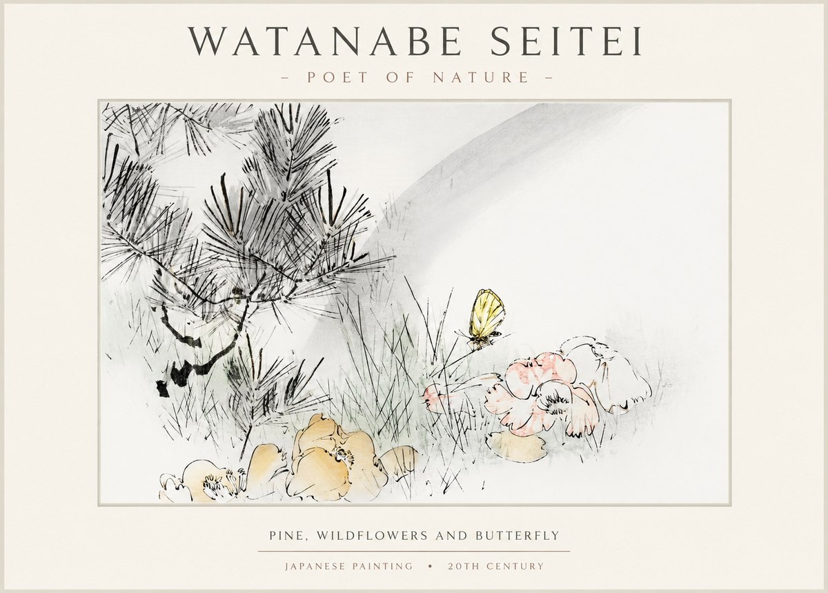 Watanabe Seitei Pine, Wildflowers and Butterfly No1 - Poster