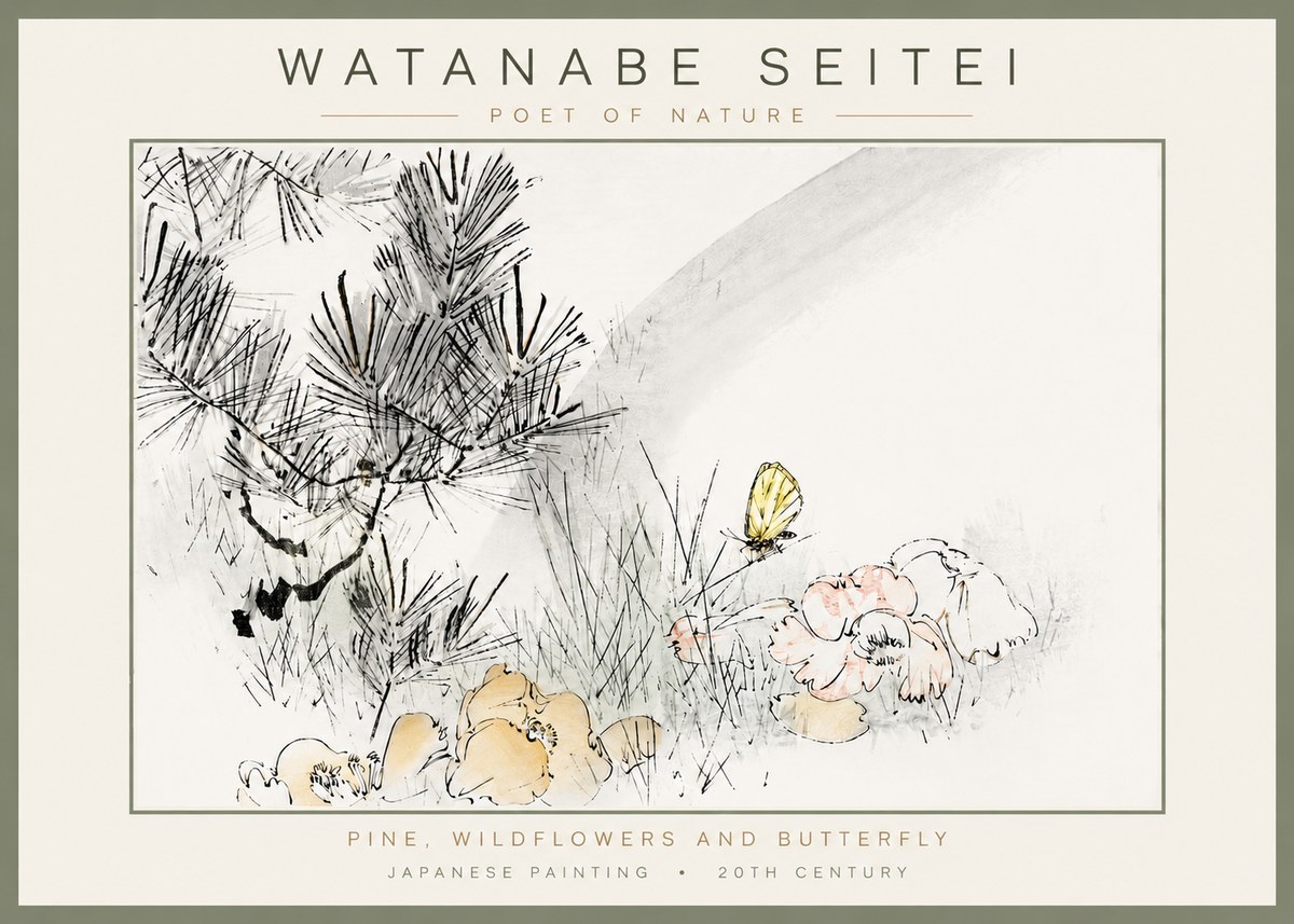 Watanabe Seitei Pine, Wildflowers and Butterfly No4 - Poster