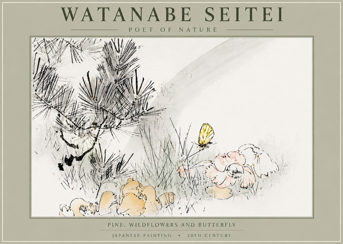 Watanabe Seitei Pine, Wildflowers and Butterfly No5 - Poster