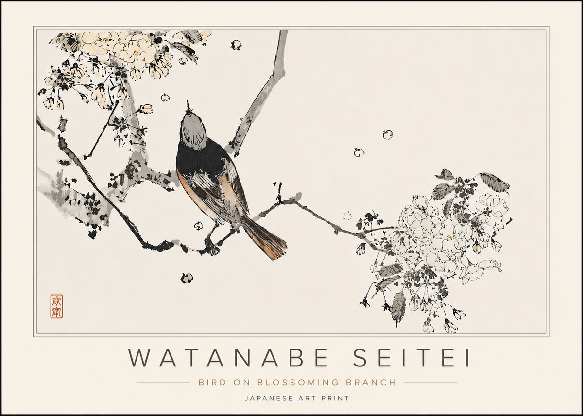 Watanabe Seitei Bird on Blossoming Branch No5 - Poster