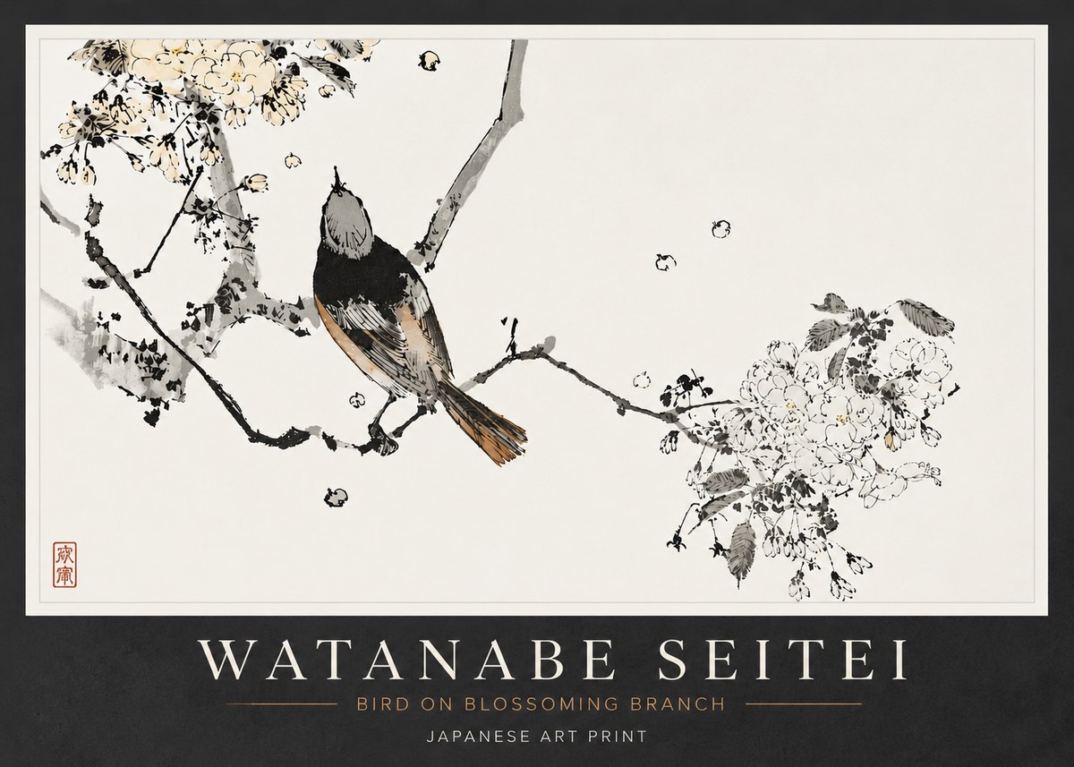 Watanabe Seitei Bird on Blossoming Branch No6 - Poster