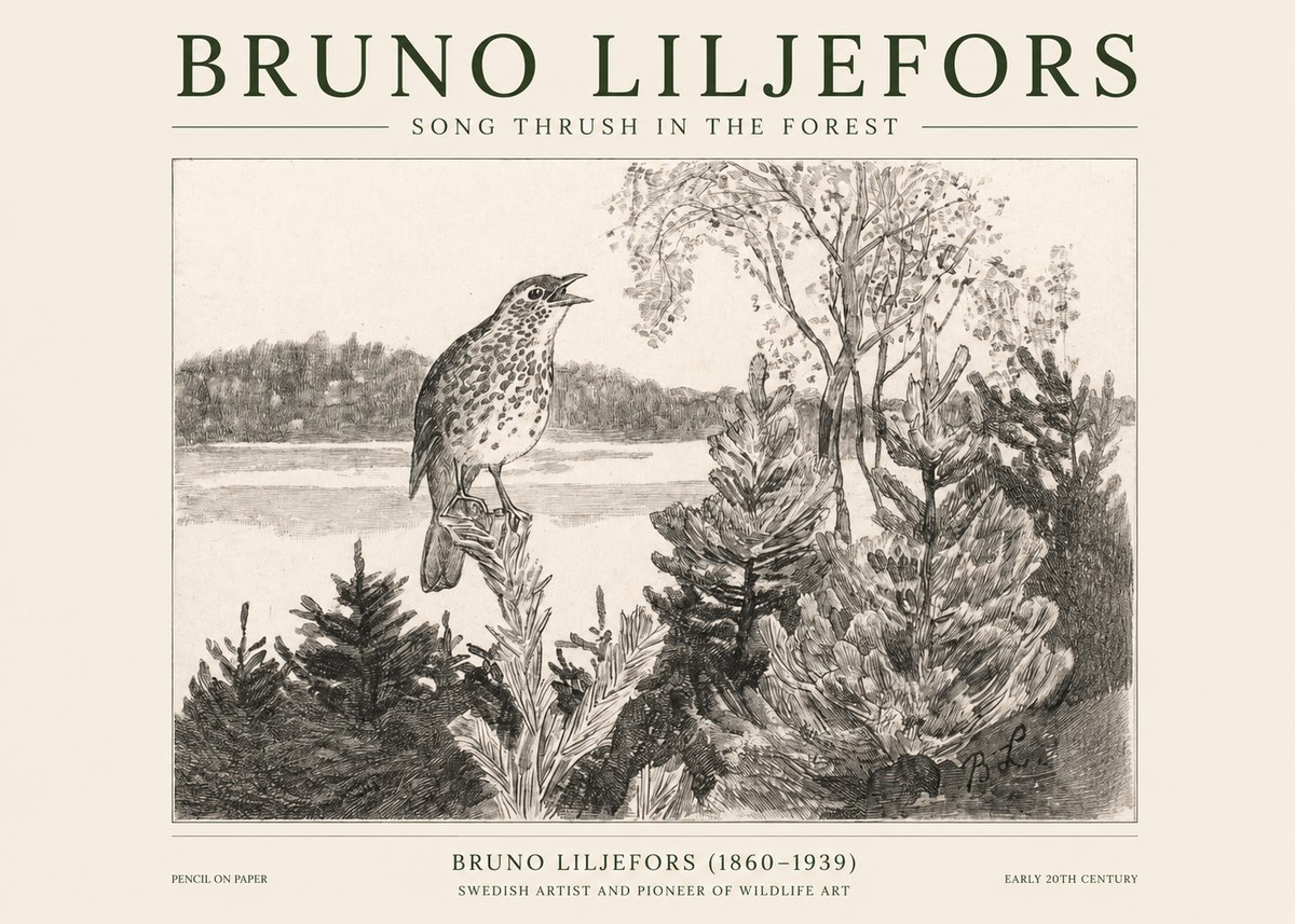 Bruno Liljefors Song Thrush in the Forest No1 - Poster
