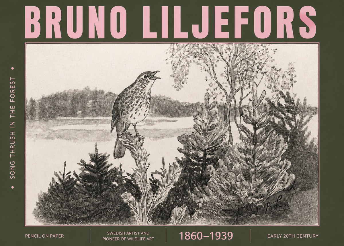 Bruno Liljefors Song Thrush in the Forest No4 - Poster