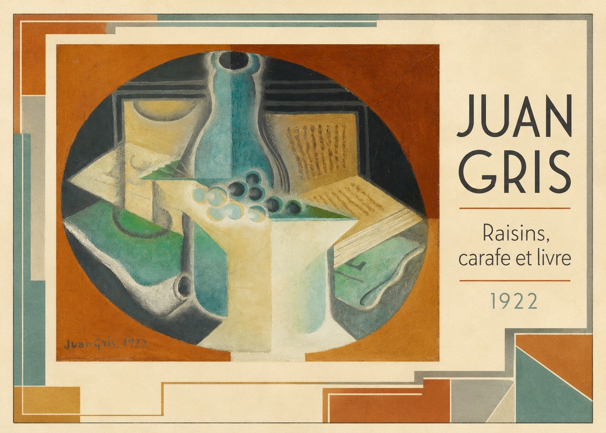 Juan Gris Raisins, Carafe Et Livre No5 - Poster